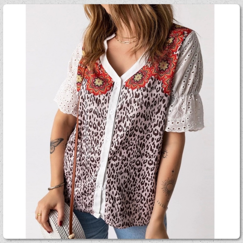 Lg Women’s White Eyelet & Leopard Print Button-Front Top with Red Floral Yoke